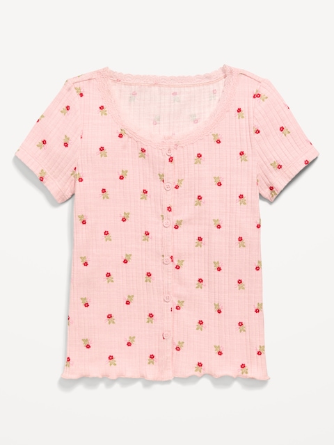 Printed Short-Sleeve Lace-Trim Button-Front Top for Girls