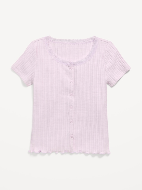 Printed Short-Sleeve Lace-Trim Button-Front Top for Girls