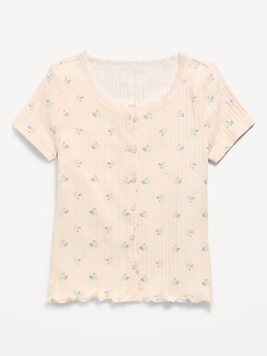 Printed Short-Sleeve Lace-Trim Button-Front Top for Girls