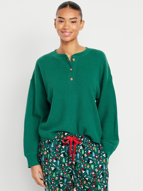 Oversized Cozy Waffle Henley Top - Botanica