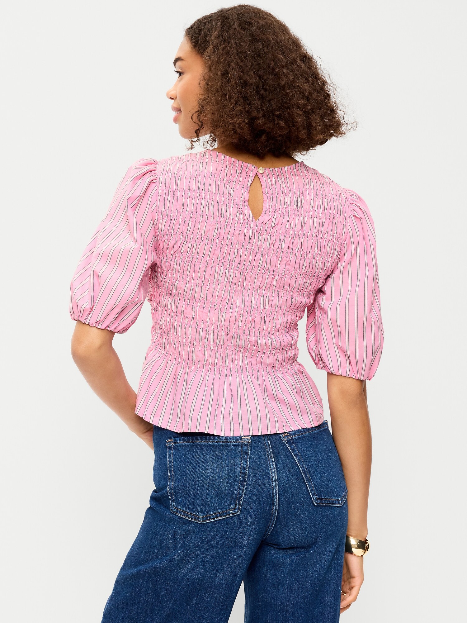 Женский топ Old Navy Smocked Puff Sleeve Peplum Top, цвет: Розовый полосатый — фото 2