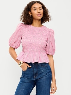 Smocked Puff Sleeve Peplum Top
