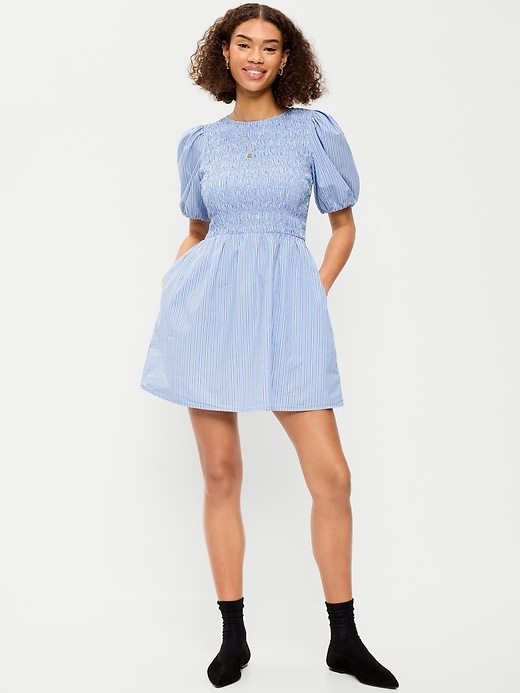 Image number 1 showing, Smocked Puff-Sleeve Flare Mini Dress