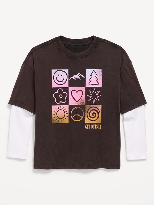 Image number 1 showing, Oversized Long-Sleeve 2-In-1 Graphic T-Shirt for Girls