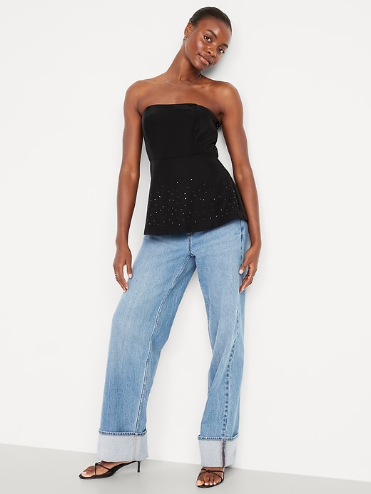 Beaded Taffeta Peplum Tube Top