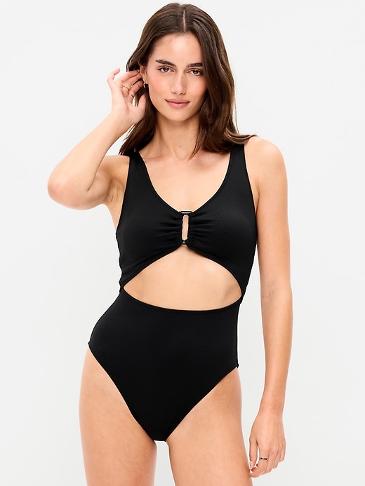 Image number 1 showing, Textured One-Piece Cut-Out Swimsuit
