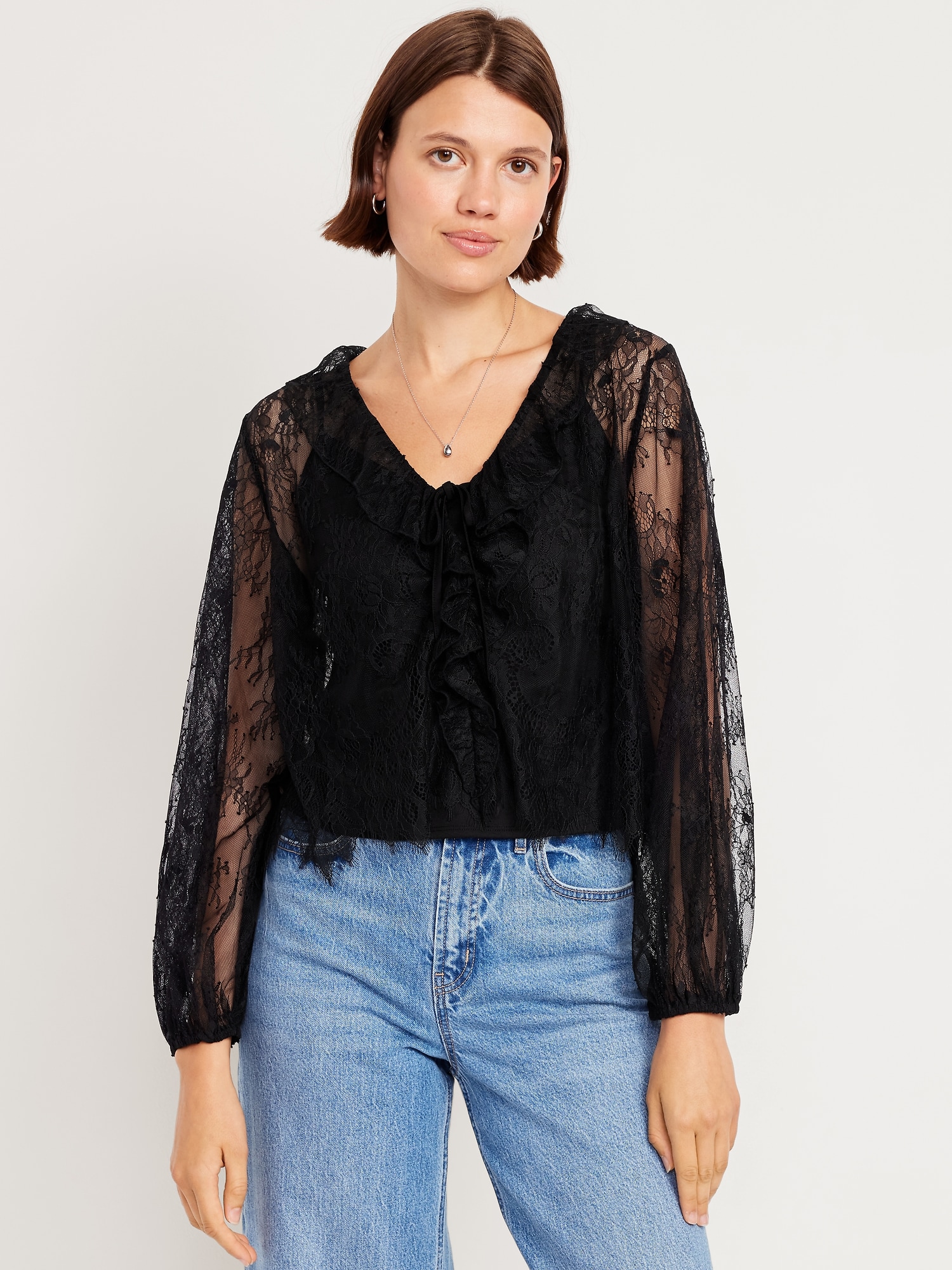 Long-Sleeve Lace V-Neck Lined Top