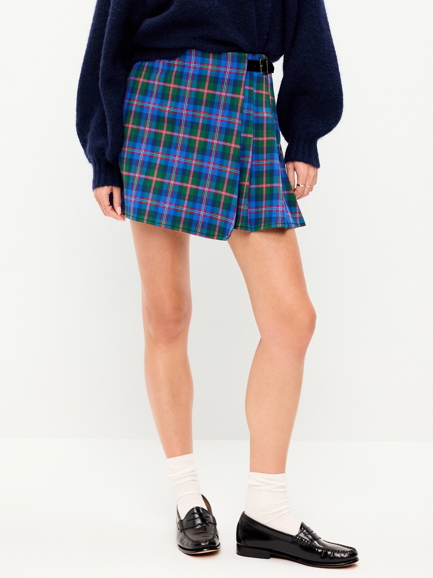 High-Waisted Pleated Buckled Wrap-Front Mini Skirt