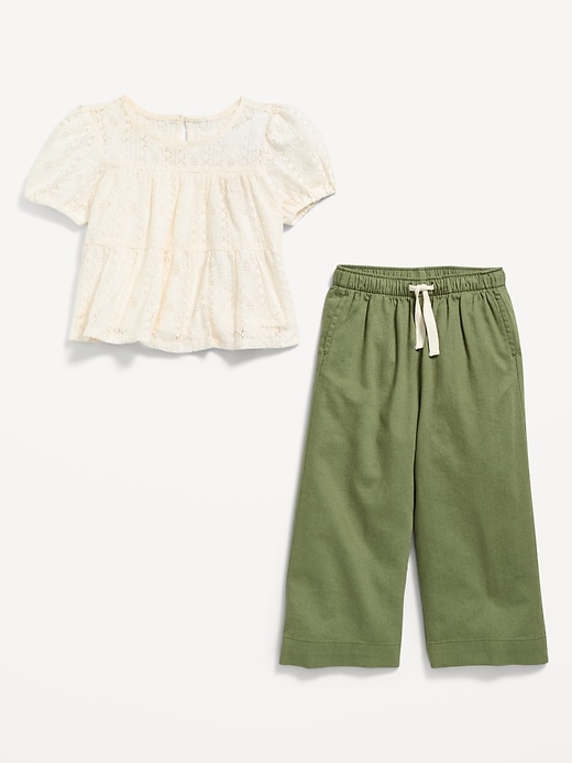 Image number 2 showing, Short-Sleeve Lace Top and Chambray Pants Set for Toddler Girls