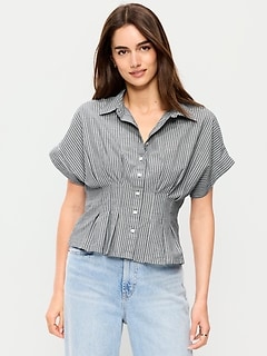 Slim Short-Sleeve Cinched-Waist Button-Down Shirt