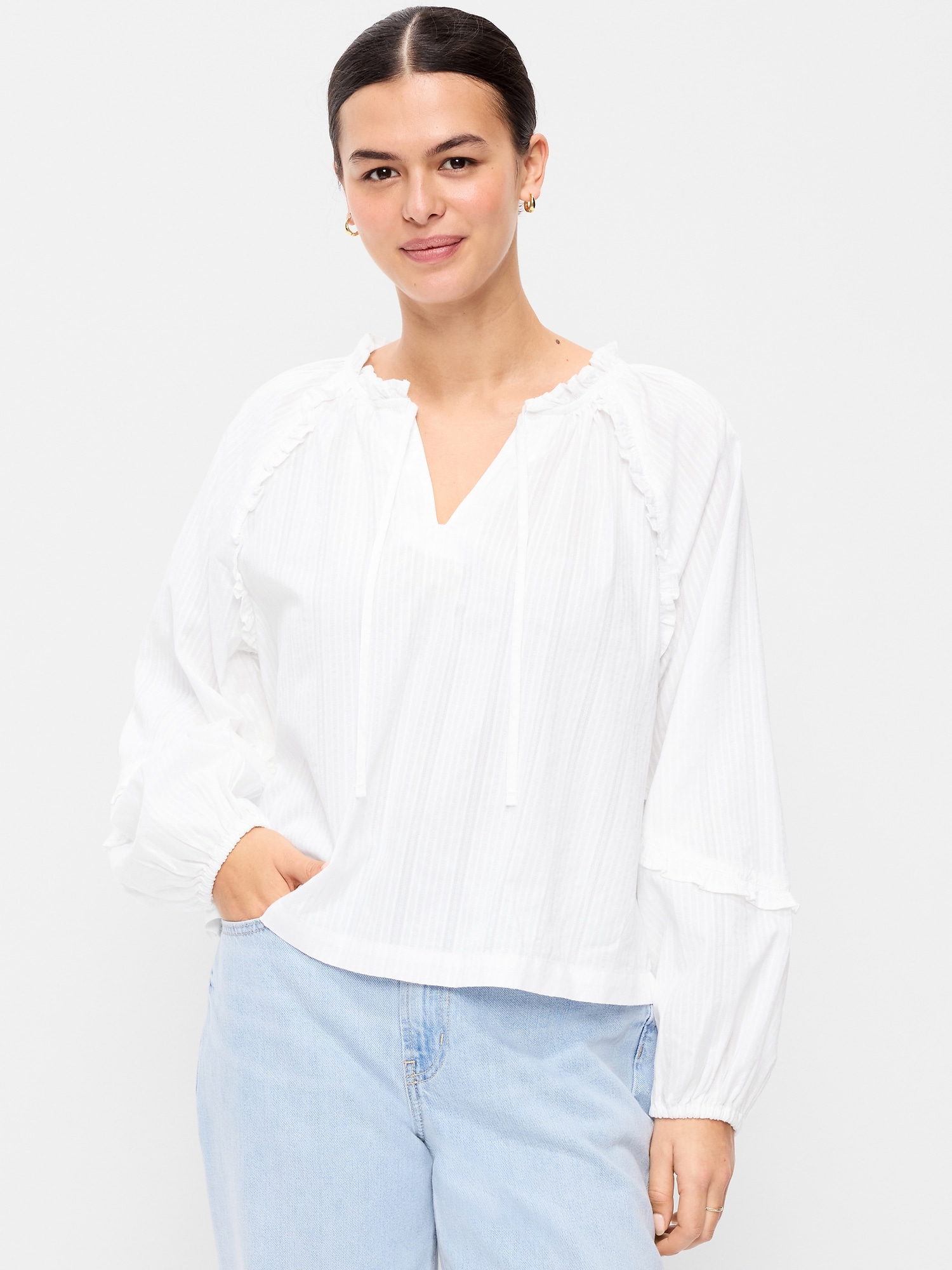 Long-Sleeve Ruffled Popover Top