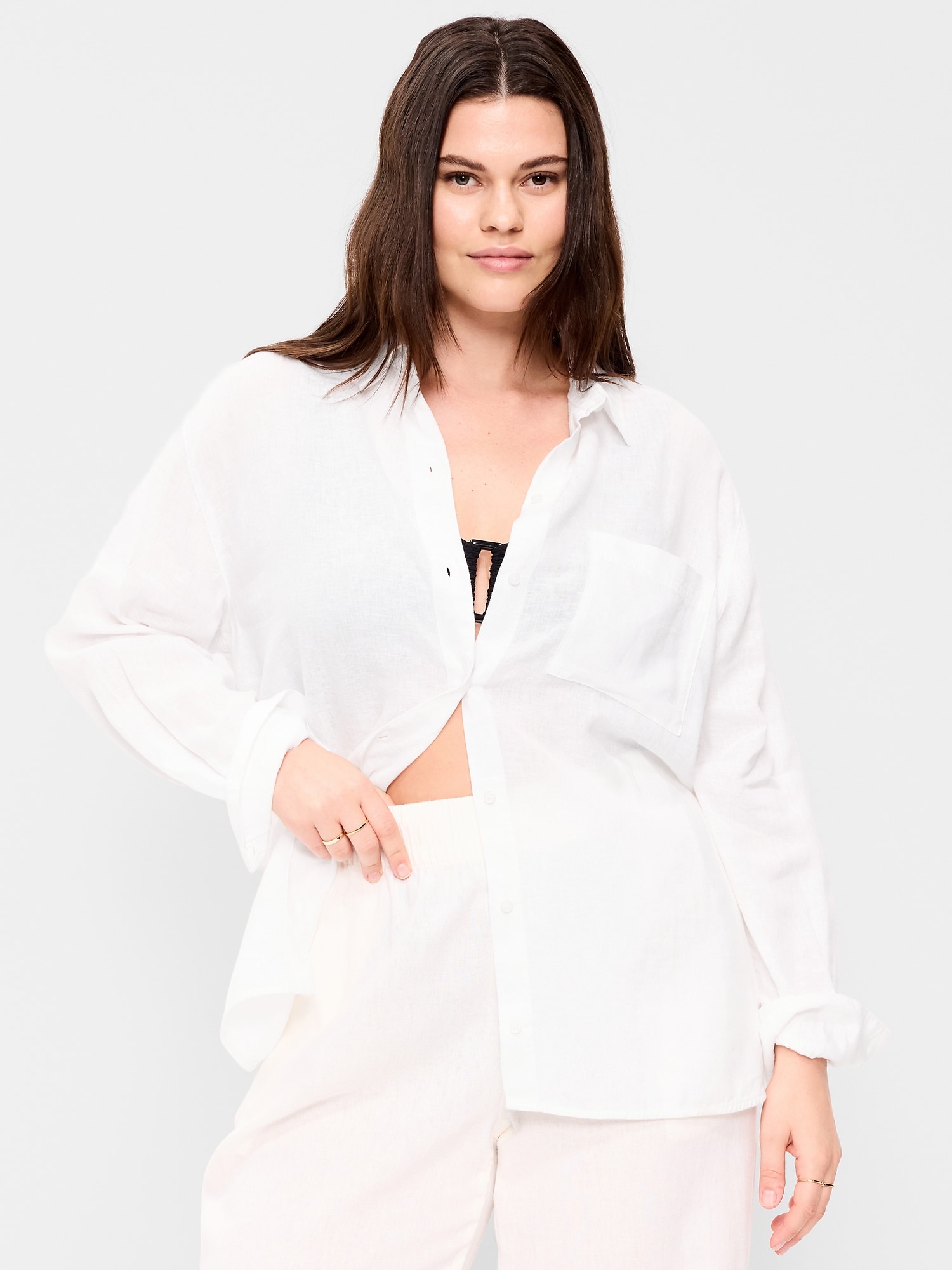 Image number 5 showing, Linen-Blend Loose Button-Down Shirt