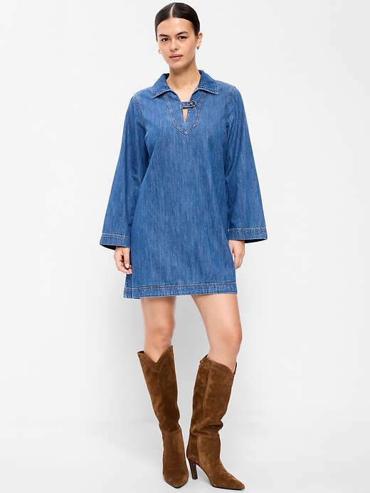 Image number 3 showing, Long-Sleeve Popover Jean Mini Dress
