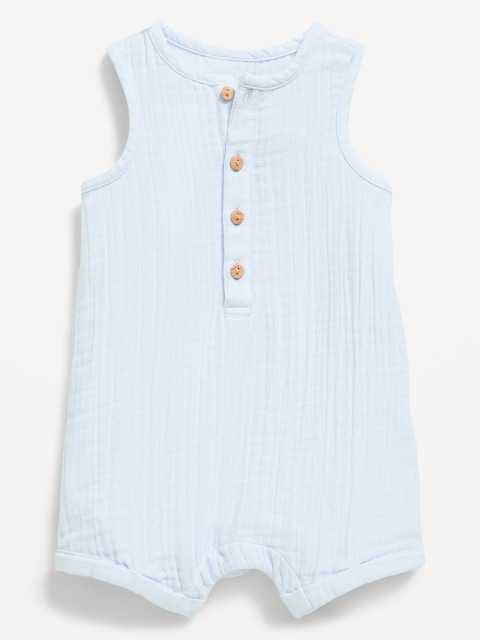 Sleeveless Double-Weave Henley One-Piece Romper for Baby