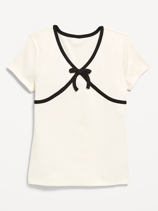 Image number 2 showing, Fitted Short-Sleeve Ribbed Bow Top for Girls