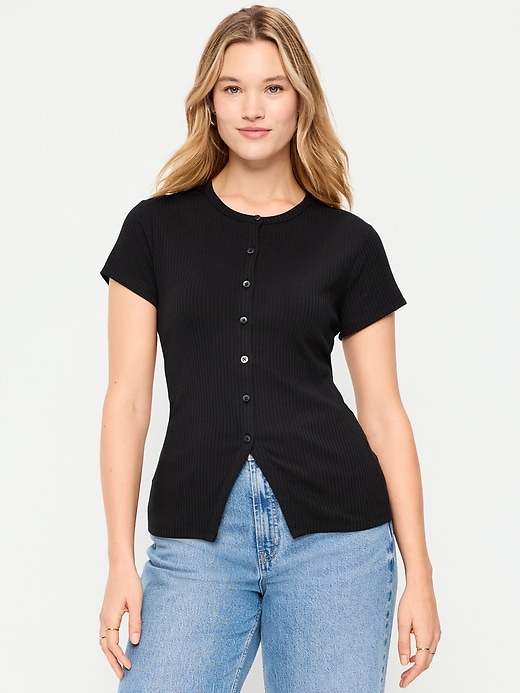 Image number 5 showing, Short-Sleeve Ribbed Button-Down Top