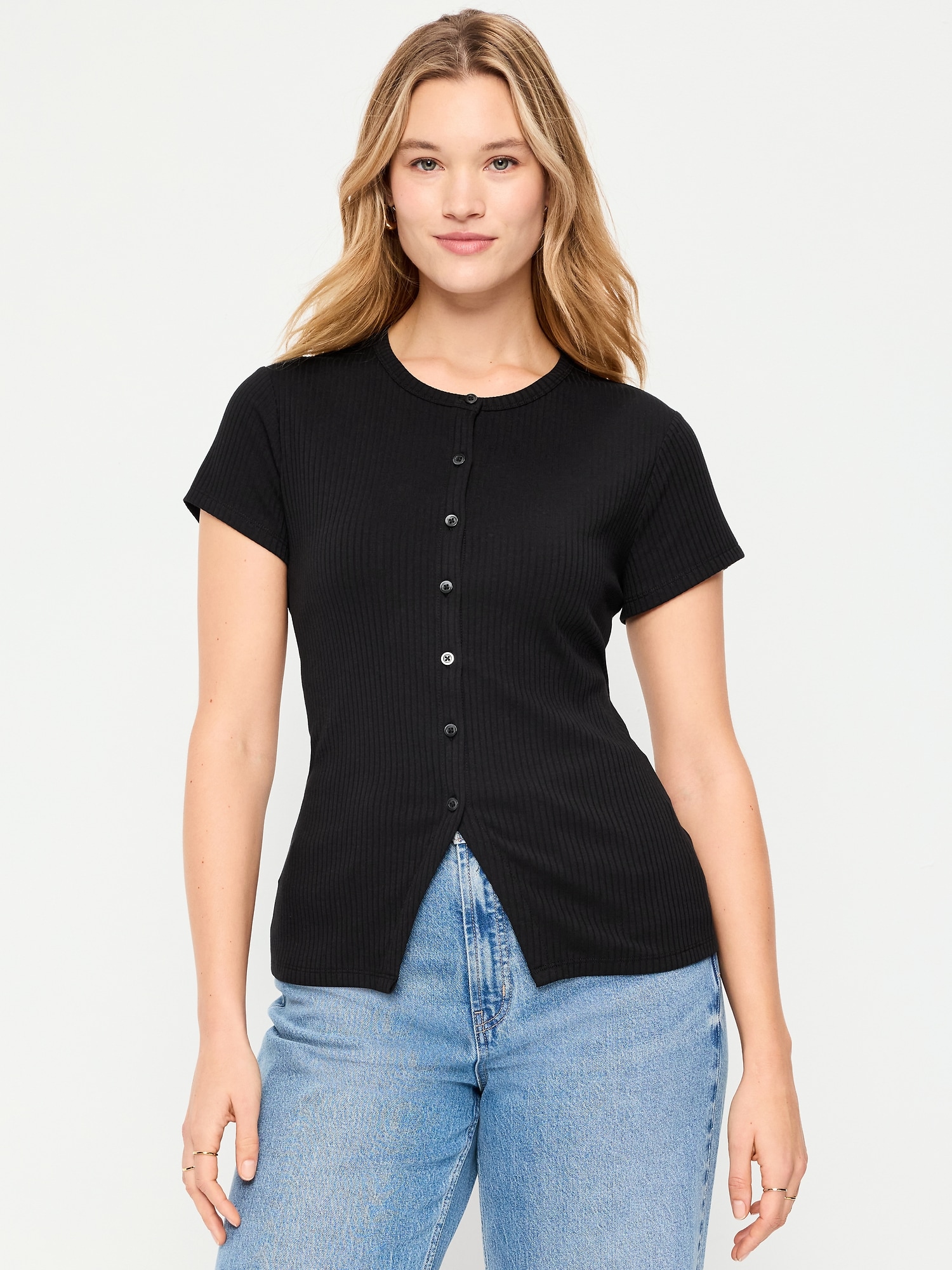Short-Sleeve Ribbed Button-Down Top