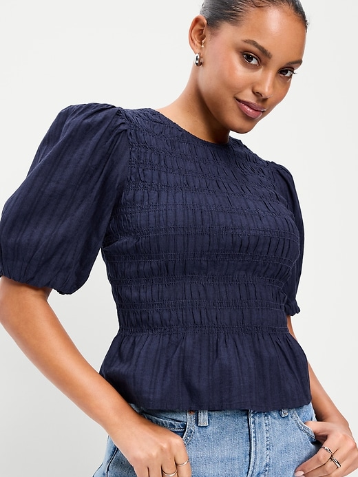 Image number 3 showing, Puff Sleeve Peplum Smocked Top