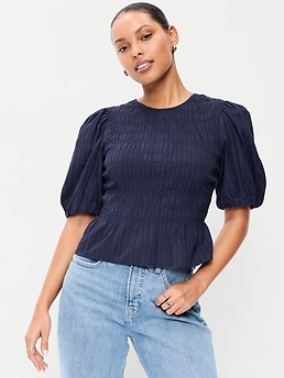 Smocked Puff Sleeve Peplum Top - image 3