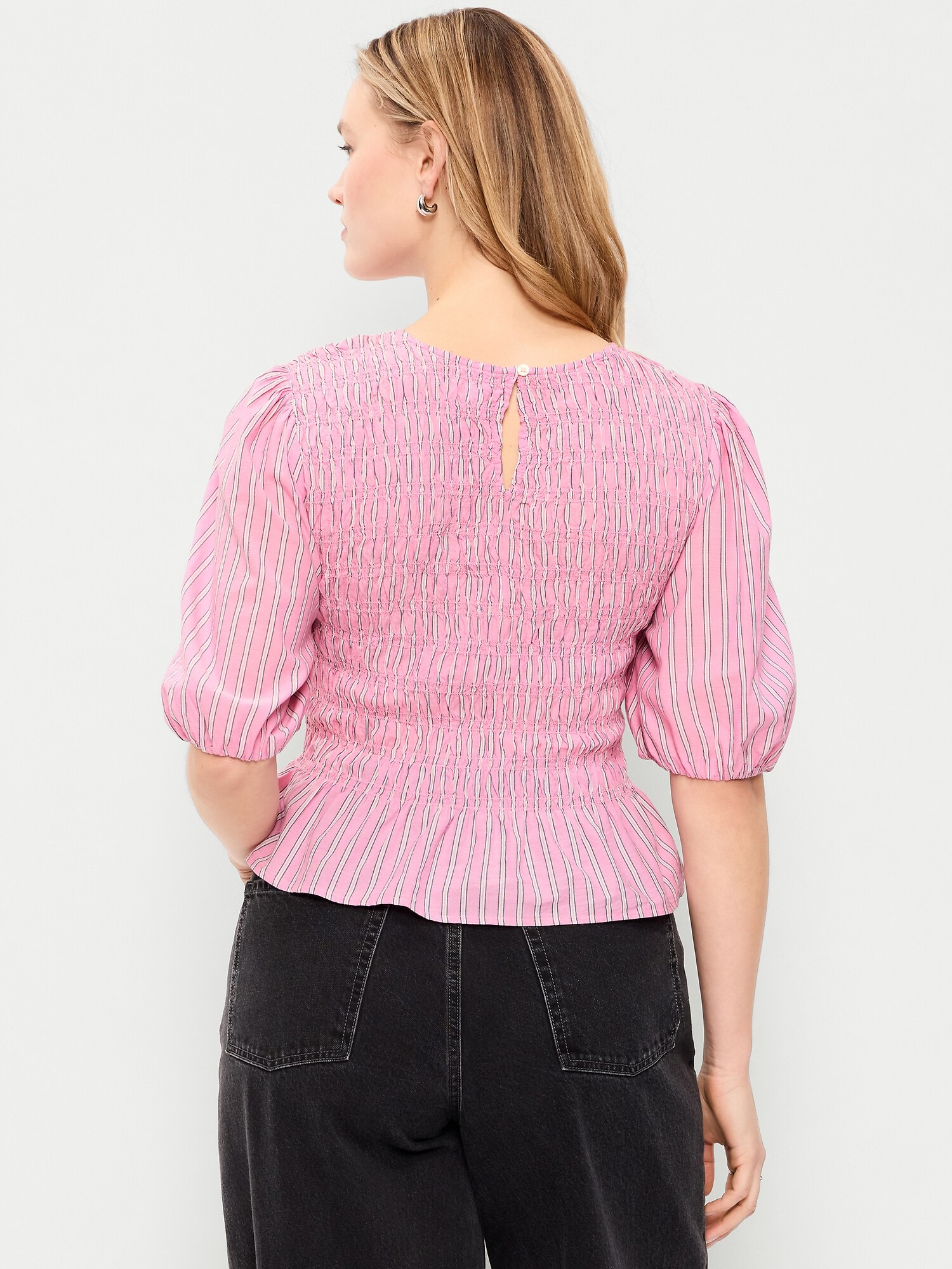 Женский топ Old Navy Smocked Puff Sleeve Peplum Top, цвет: Розовый полосатый — фото 6