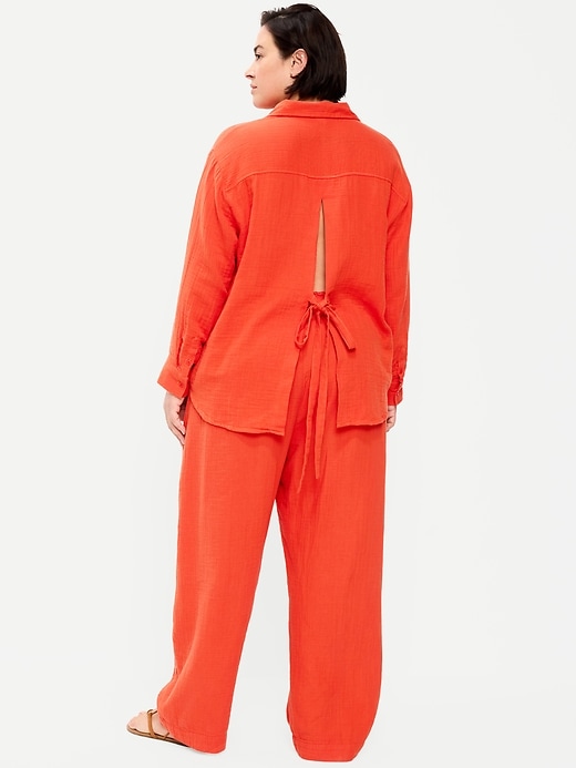 Image number 8 showing, High-Waisted Crinkle Gauze Wide-Leg Barrel Pants