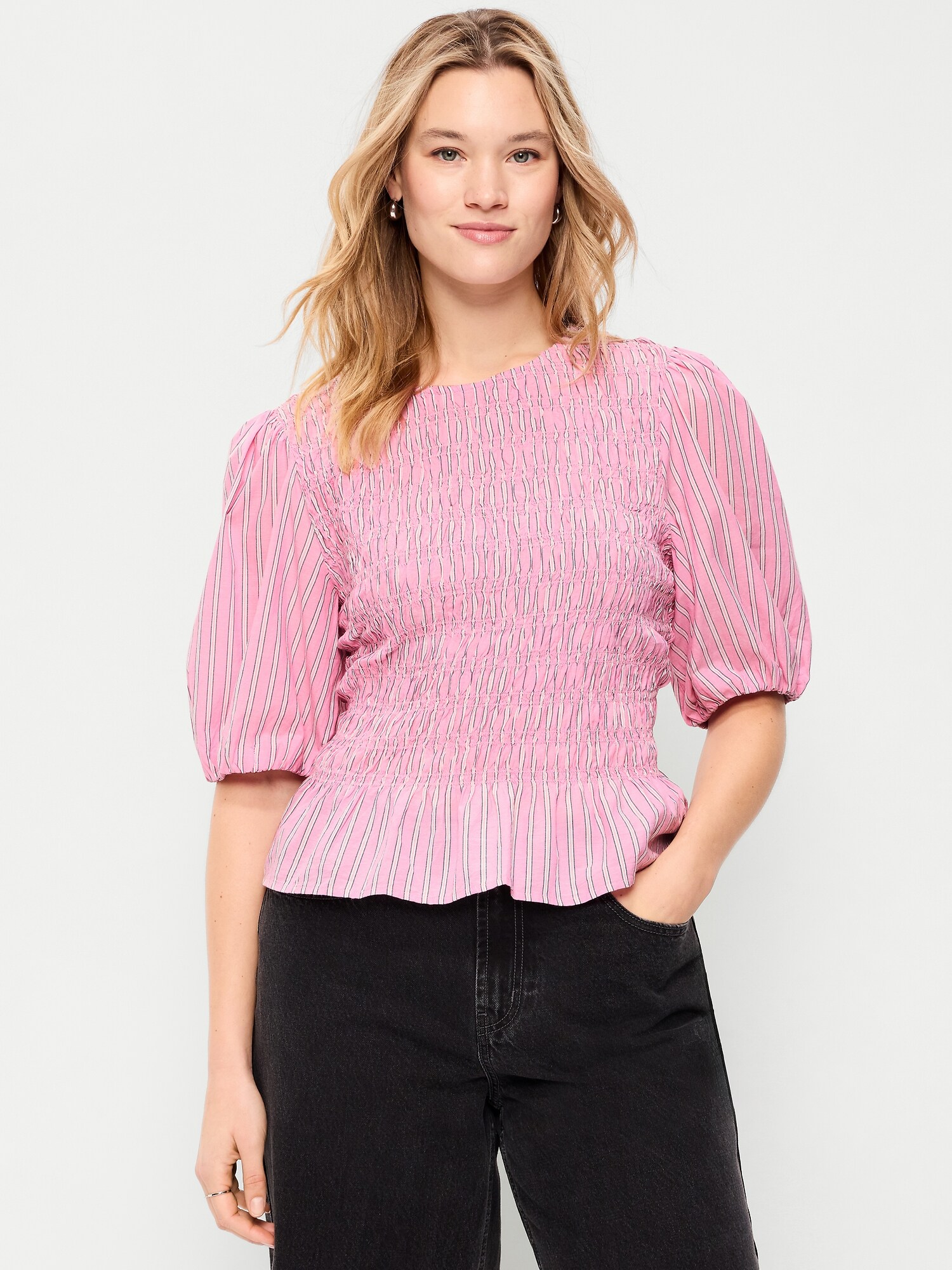 Женский топ Old Navy Smocked Puff Sleeve Peplum Top, цвет: Розовый полосатый — фото 5