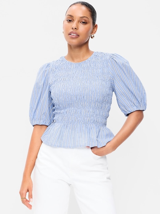 Image number 1 showing, Puff Sleeve Peplum Smocked Top