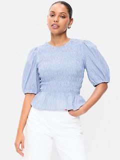 Puff Sleeve Peplum Smocked Top