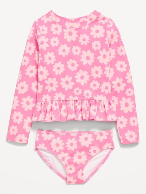 Printed Long-Sleeve Rashguard Swim Top Set for Toddler Girls
