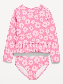 Printed Long-Sleeve Rashguard Swim Top Set for Toddler Girls