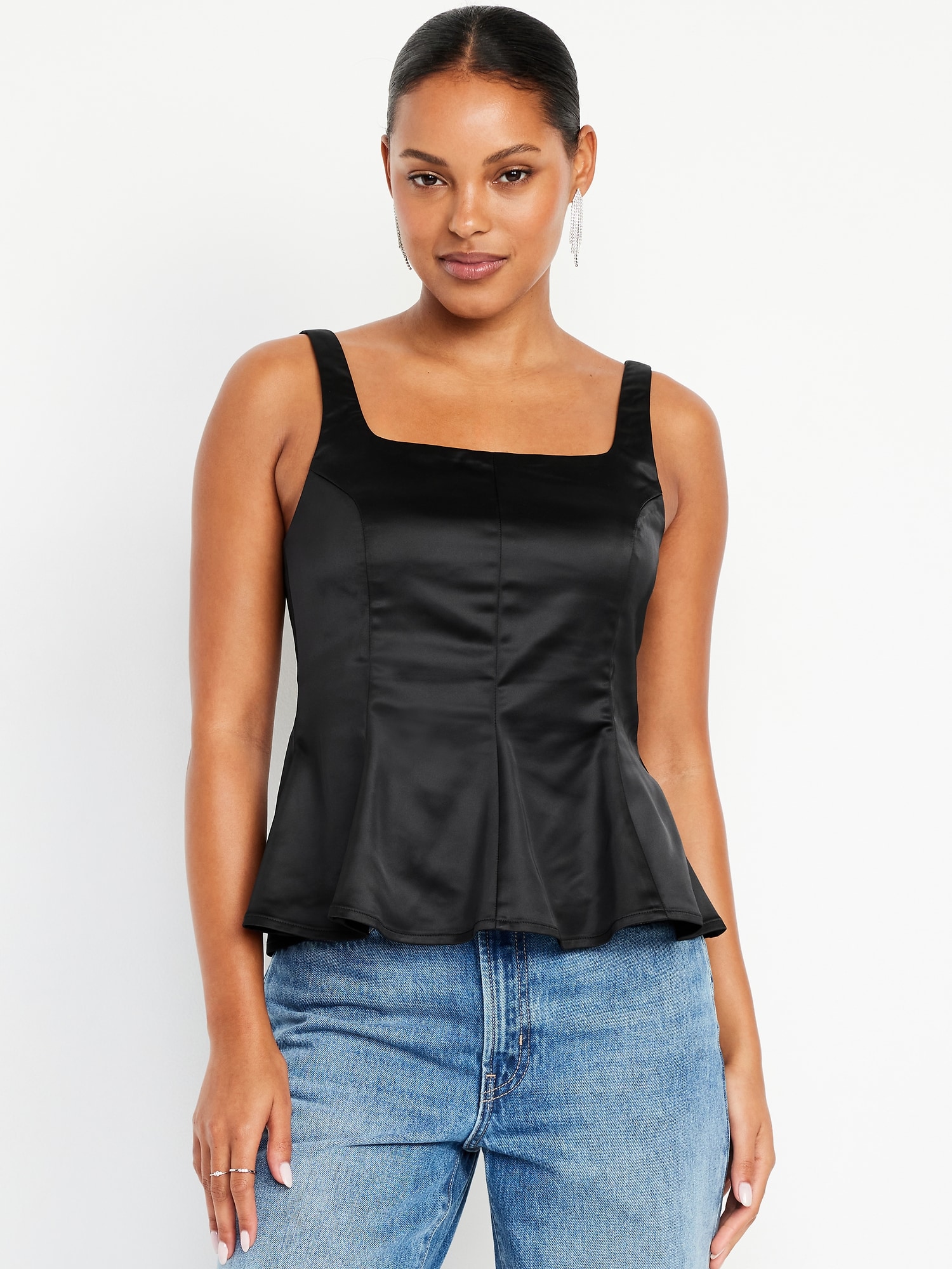 Square-Neck Satin Peplum Top | Old Navy