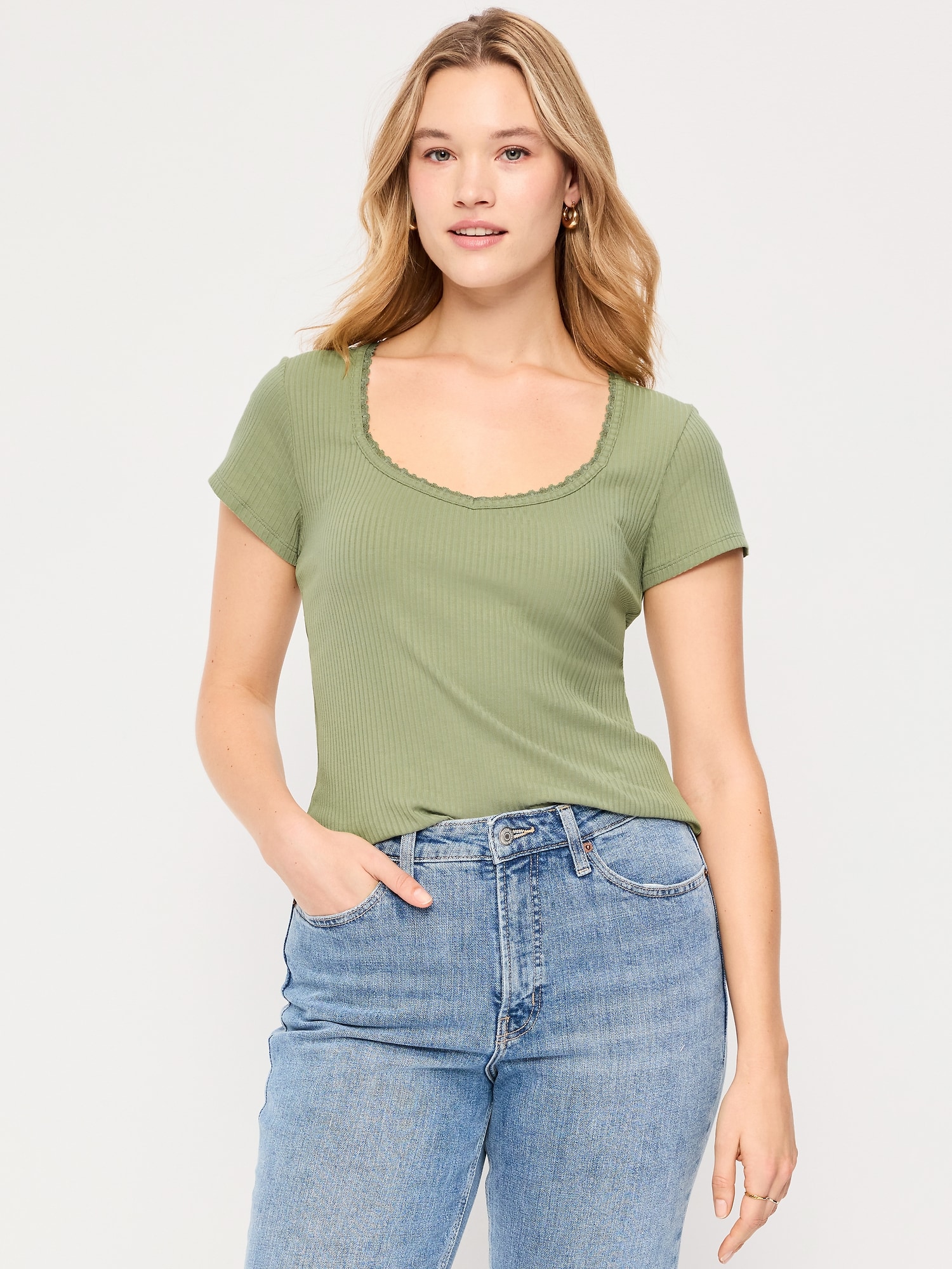 Lace-Trim Sweetheart-Neck Ribbed Top