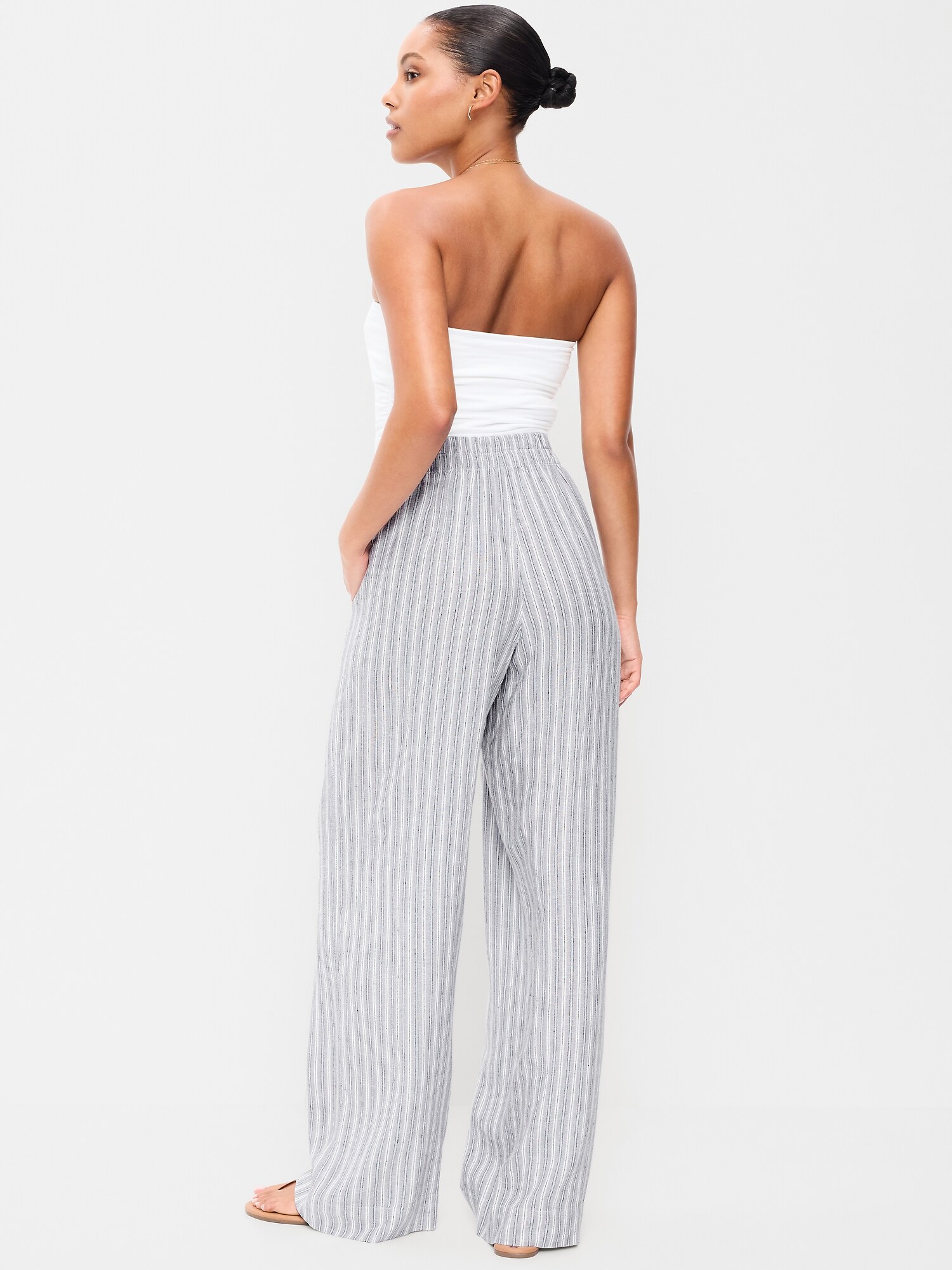 Женские брюки Old Navy High-Waisted Linen-Blend Super Wide-Leg, цвет: Синий полосатый — фото 3