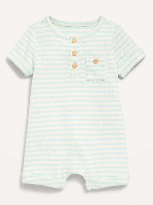 Image number 1 showing, Printed Ribbed Henley Pocket One-Piece Romper for Baby