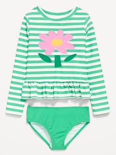 Printed Long-Sleeve Rashguard Swim Top Set for Toddler Girls
