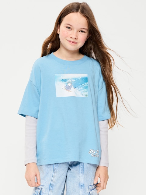 Oversized Long-Sleeve 2-In-1 Graphic T-Shirt for Girls