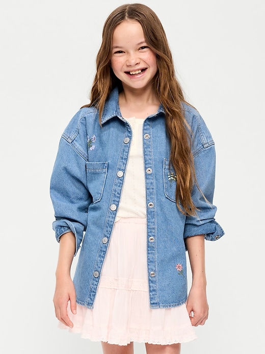 Image number 1 showing, Oversized Embroidered Jean Shirt for Girls