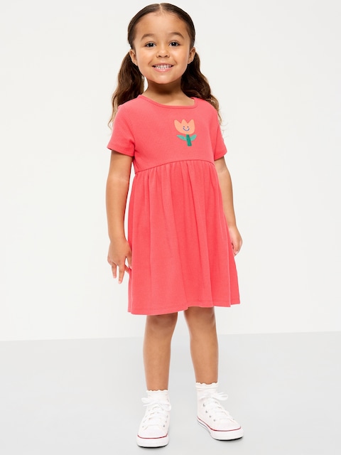 Short-Sleeve Ribbed Graphic Dress for Toddler Girls