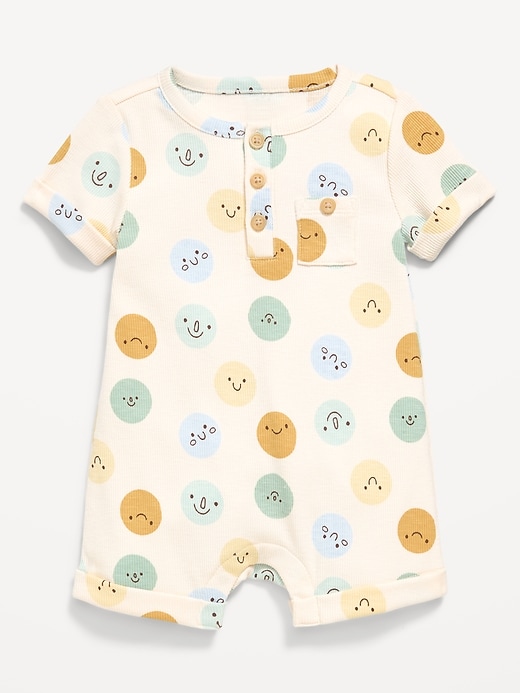 Image number 1 showing, Printed Ribbed Henley Pocket One-Piece Romper for Baby