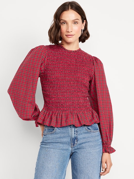 Image number 10 showing, Long-Sleeve Plaid Smocked Top