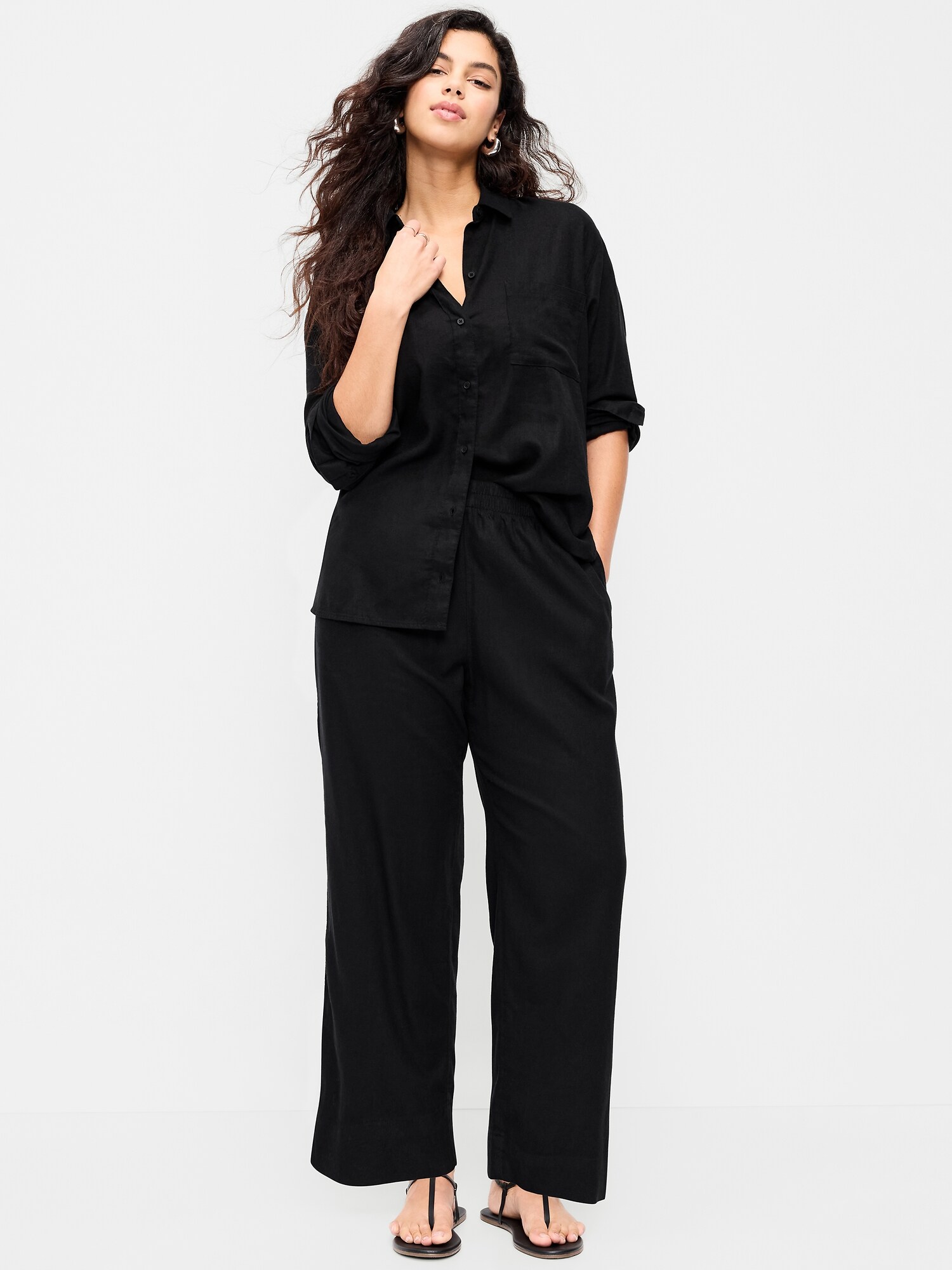 Женские брюки Old Navy High-Waisted Linen-Blend Straight Ankle, цвет: Чёрный — фото 6