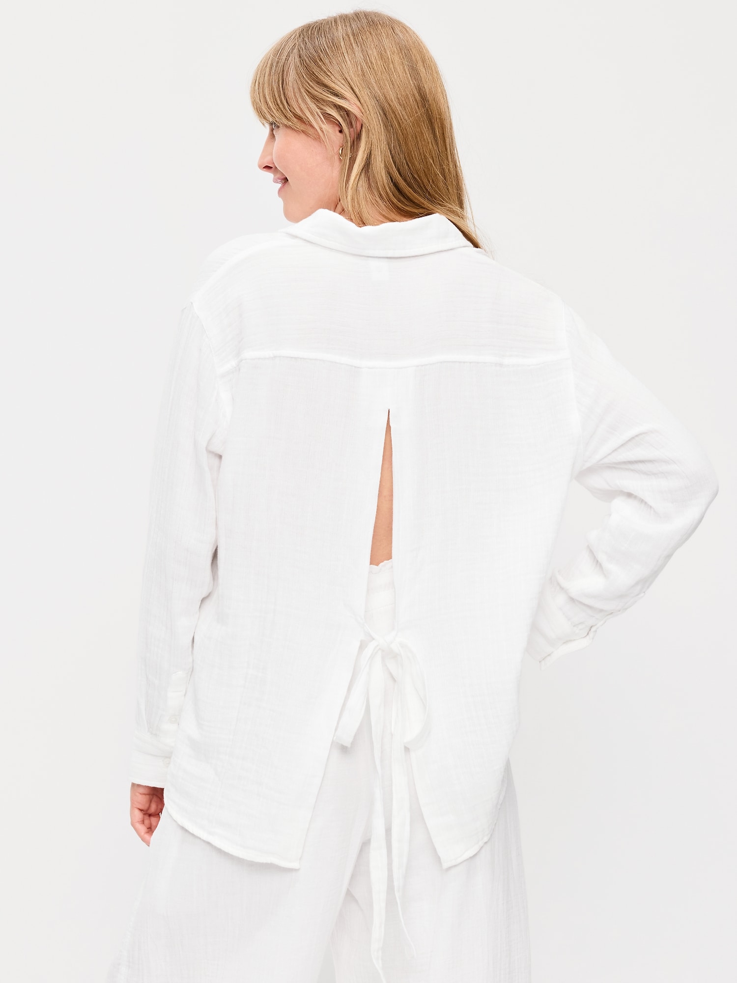 Open-Back Crinkle Gauze Button-Down Shirt