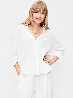 Open-Back Crinkle Gauze Button-Down Shirt