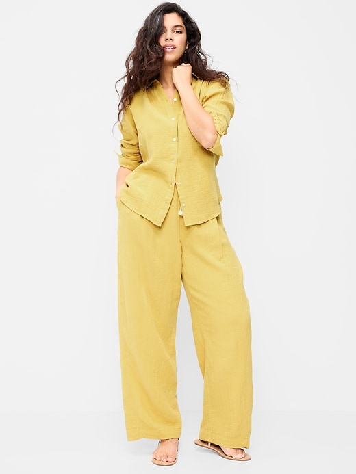 Image number 5 showing, High-Waisted Crinkle Gauze Wide-Leg Barrel Pants