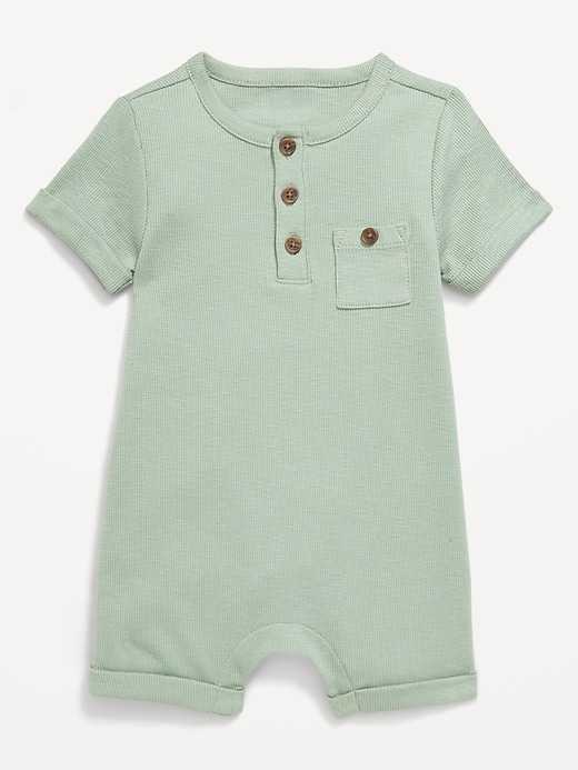 Image number 1 showing, Printed Ribbed Henley Pocket One-Piece Romper for Baby