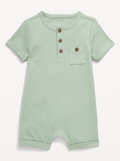 Printed Ribbed Henley Pocket One-Piece Romper for Baby