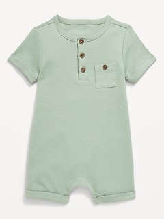 Printed Ribbed Henley Pocket One-Piece Romper for Baby