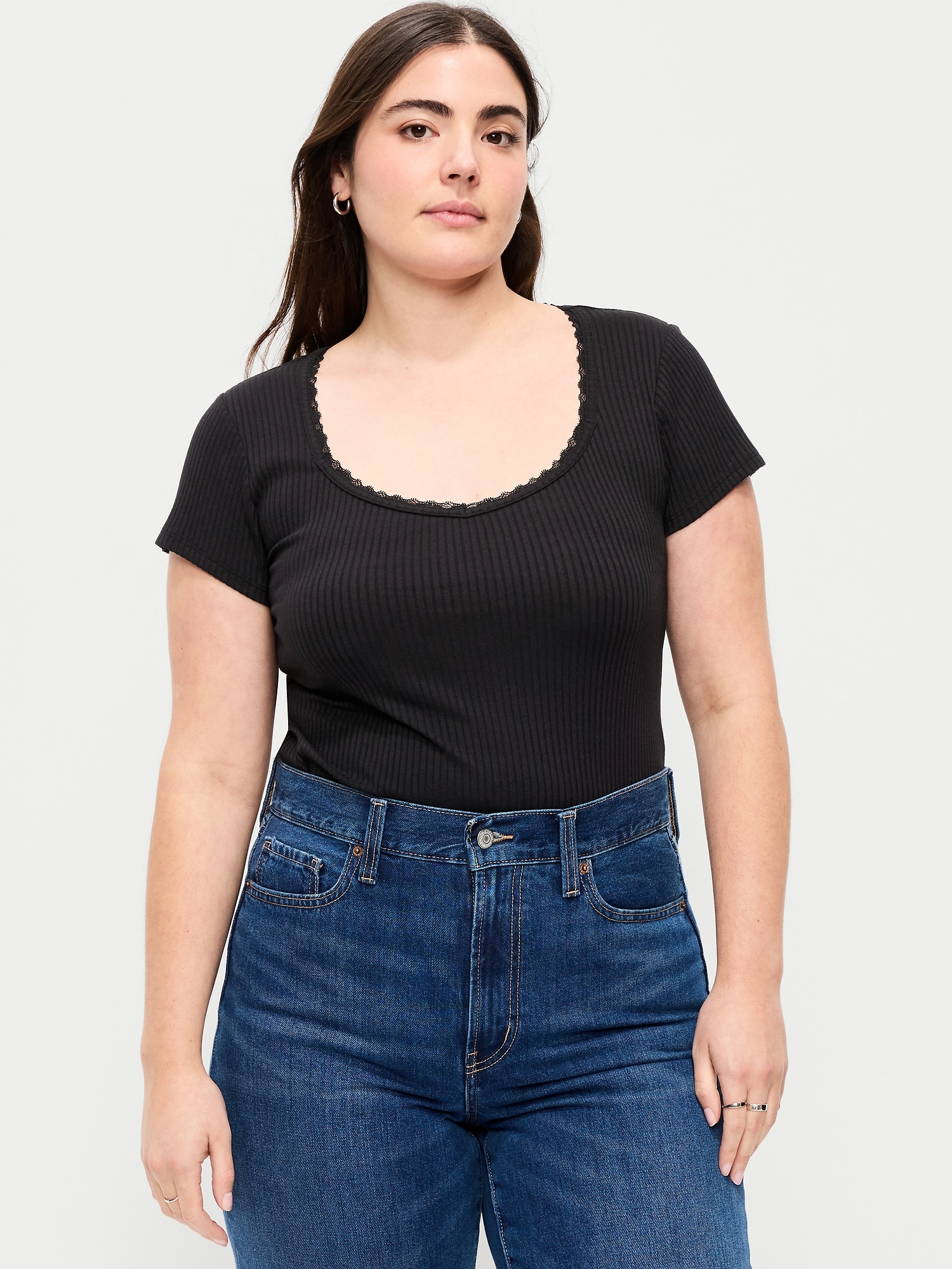 Lace-Trim Sweetheart-Neck Ribbed Top