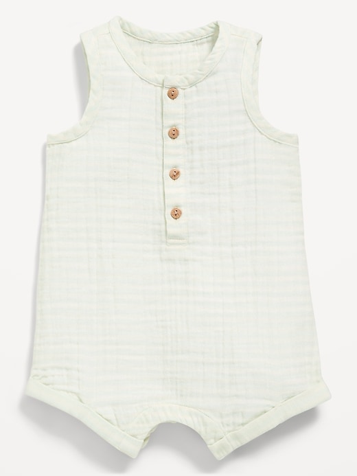 Image number 1 showing, Sleeveless Double-Weave Henley One-Piece Romper for Baby