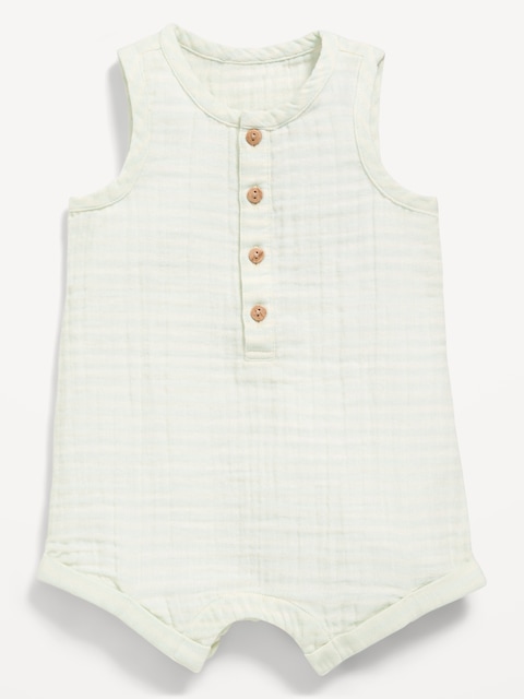Sleeveless Double-Weave Henley One-Piece Romper for Baby